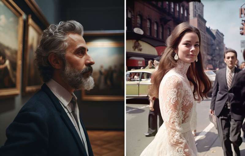 Two of AI-generated images created using Midjourney V5. On the left is a middle-aged bearded man in a museum. On the right is a woman in a Gucci dress in the ‘60s.