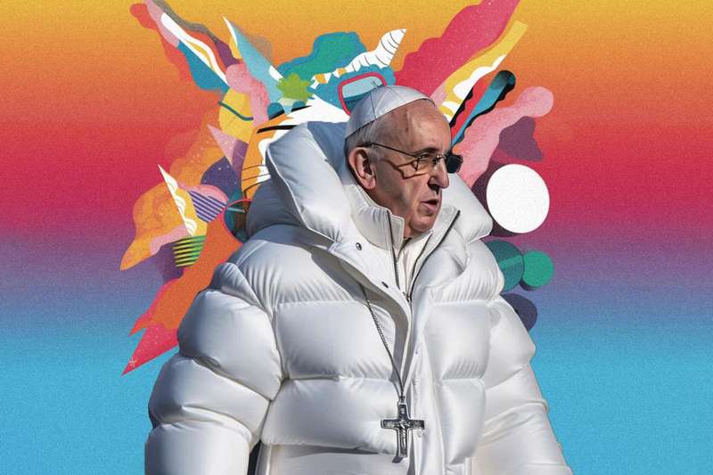 An AI generated image of Pope Francis wearing a big white puffy coat and dangling cross, on a colorful gradient background, with colors and streaks bursting from his upper body.