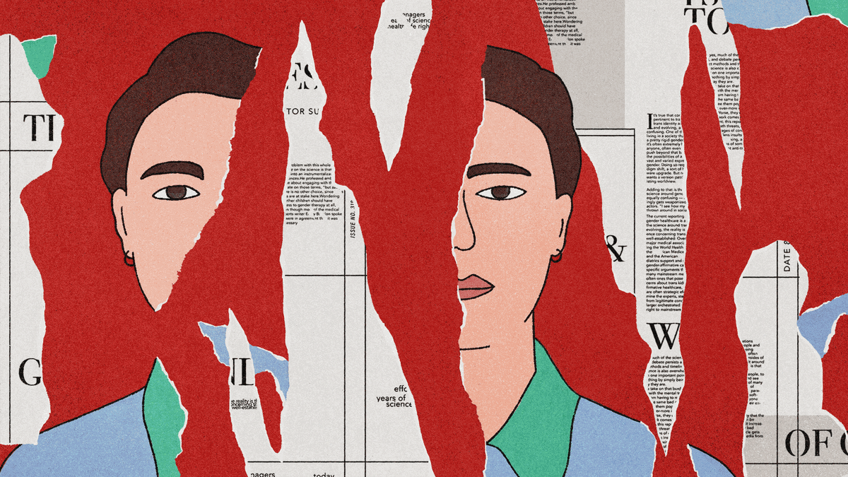 a human face ripped into pieces, divided by newsprint and a red background 