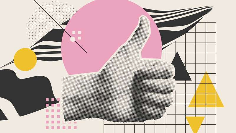A collage-style image with a black-and-white photograph of a thumbs up surrounded by geometric shapes, like a grid, black and yellow triangles, pink and yellow circles, and black and white stripes.