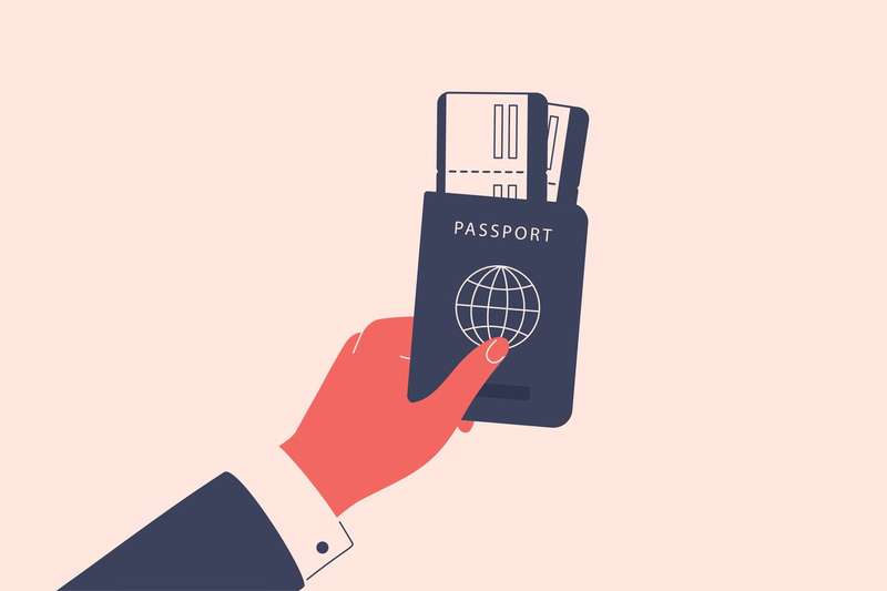 An illustration of a hand in a suit jacket holds a blue passport. Two boarding passes are sandwiched in between the pages of the passport.