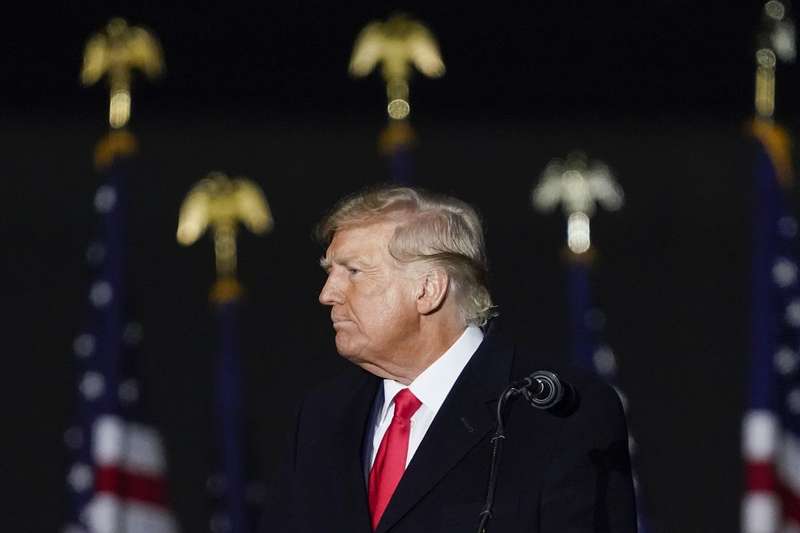 Trump in profile facing left, with American flags in the background. 