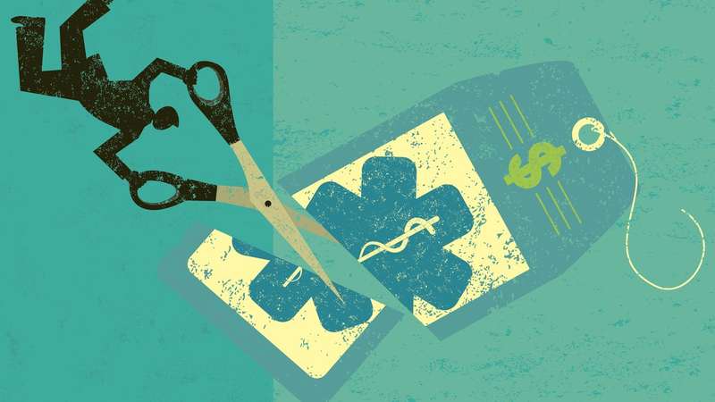 An illustration of a shadowy figure in a suit holding a giant pair of scissors. The scissors cut through a massive price tag with the Caduceus symbol on it.