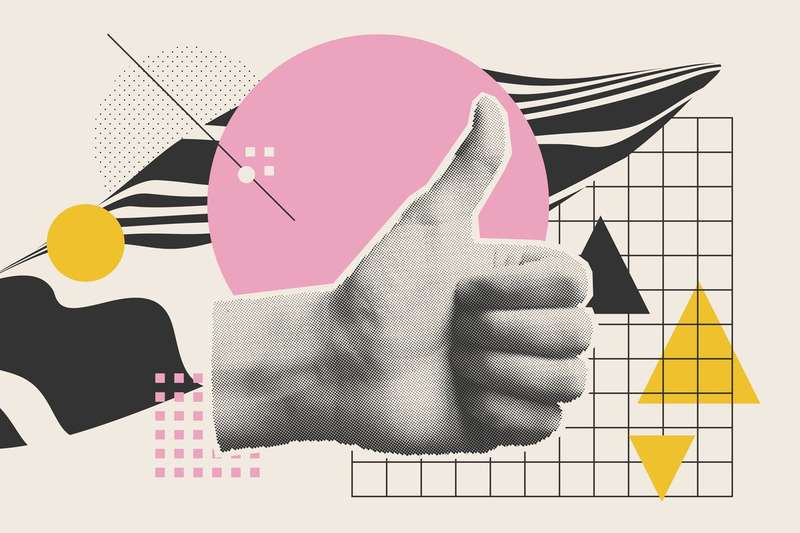 A collage-style image with a black-and-white photograph of a thumbs up surrounded by geometric shapes, like a grid, black and yellow triangles, pink and yellow circles, and black and white stripes.