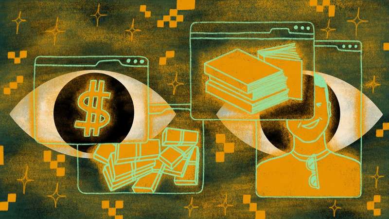 An illustration in shades of green and yellow, showing a pair of eyes with dollar signs in them, surrounded by open internet browser tabs containing images of piles of cash and happy people.