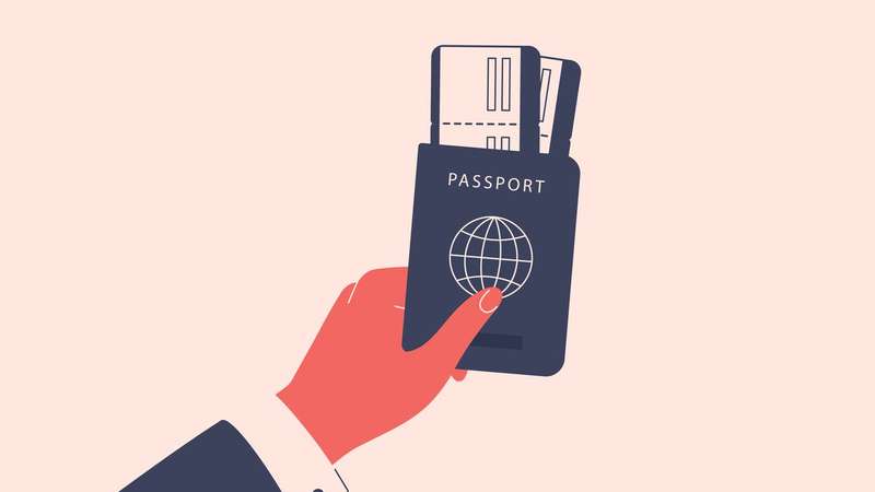 An illustration of a hand in a suit jacket holds a blue passport. Two boarding passes are sandwiched in between the pages of the passport.