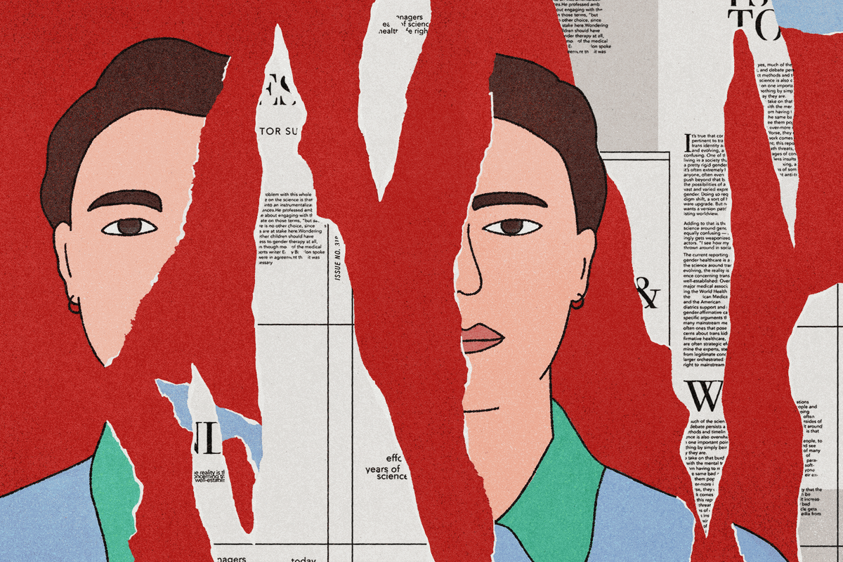 a human face ripped into pieces, divided by newsprint and a red background 